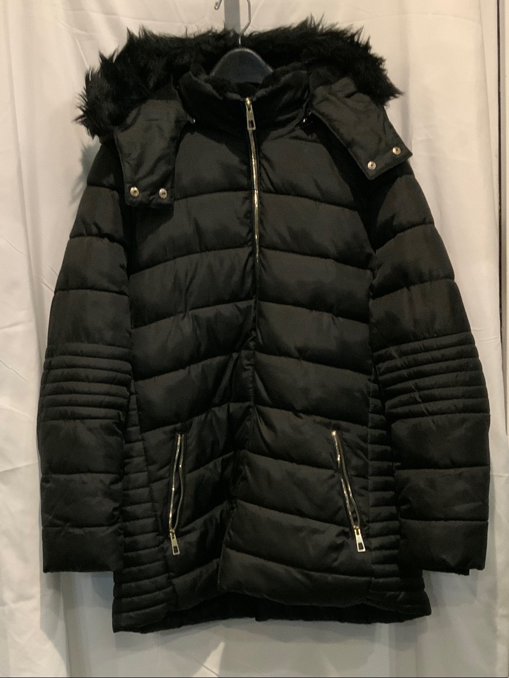 YMI Black Quilted Puffer Coat with Faux Fur Hood